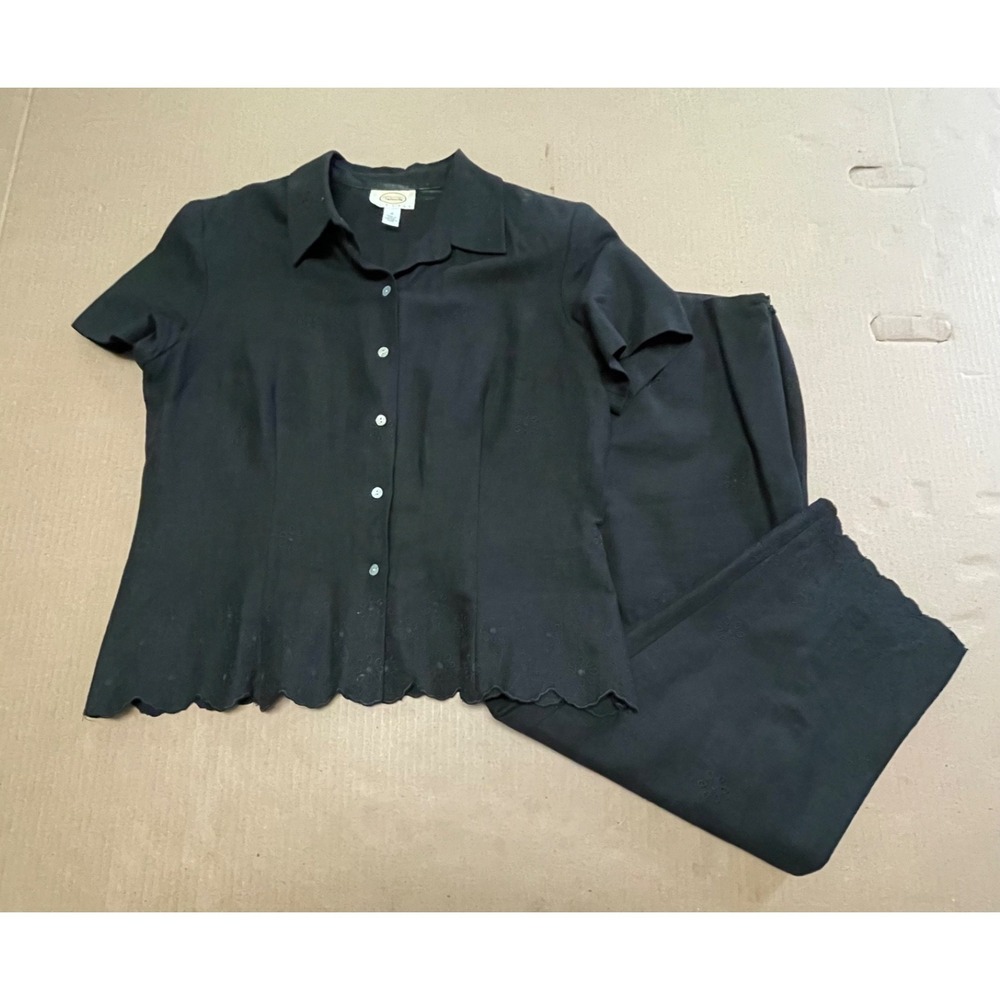 Vintage Talbots Pant Suit Set 12P Black Linen Blend Eyelet Top & Pants Lined